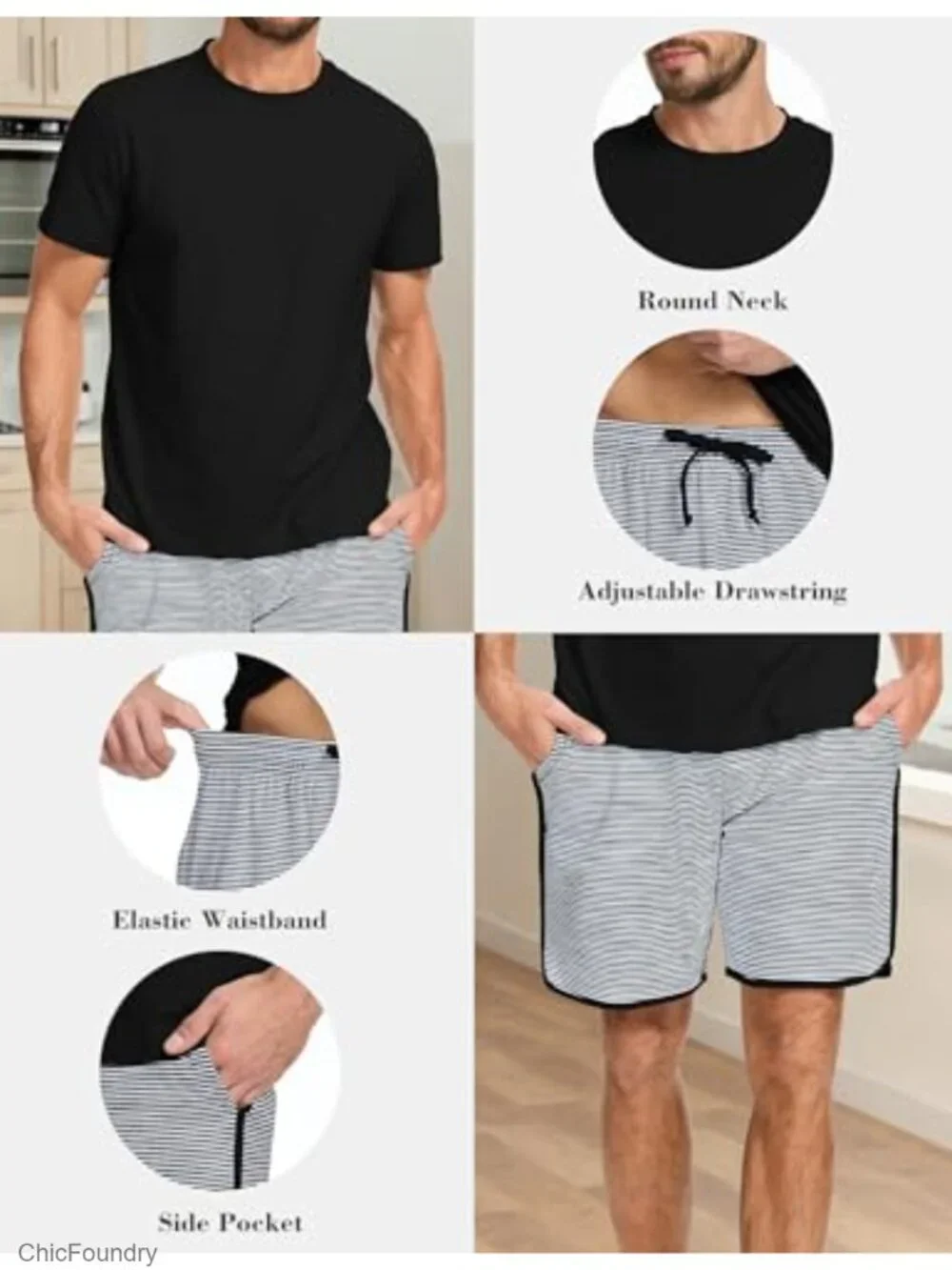 Men's Cotton Pajama Set 2 Piece Short Sleeve and Shorts Lounge Set with Pockets
